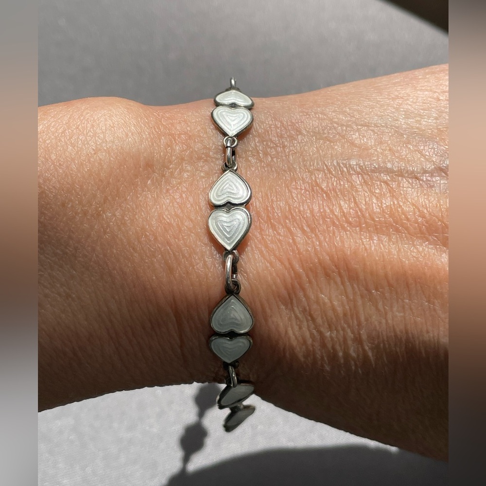 Vintage mid century Sterling Silver guilloche enamel Heart OPRO Norway  Bracelet